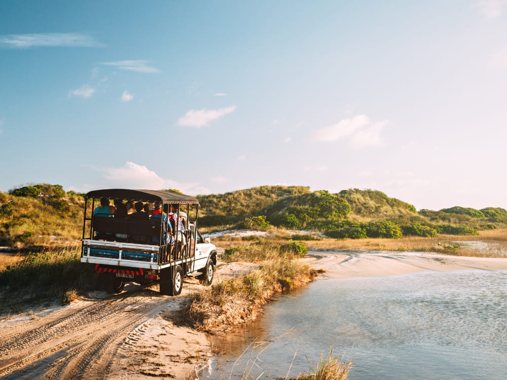 Tourists in an adapted 4x4 vehicle drive along a sandy water trail, illustrating the transport options for exploring the Lençóis Maranhenses lagoons. Tourists in an adapted 4x4 vehicle drive along a sandy water trail, illustrating the transport options for exploring the Lençóis Maranhenses lagoons.
