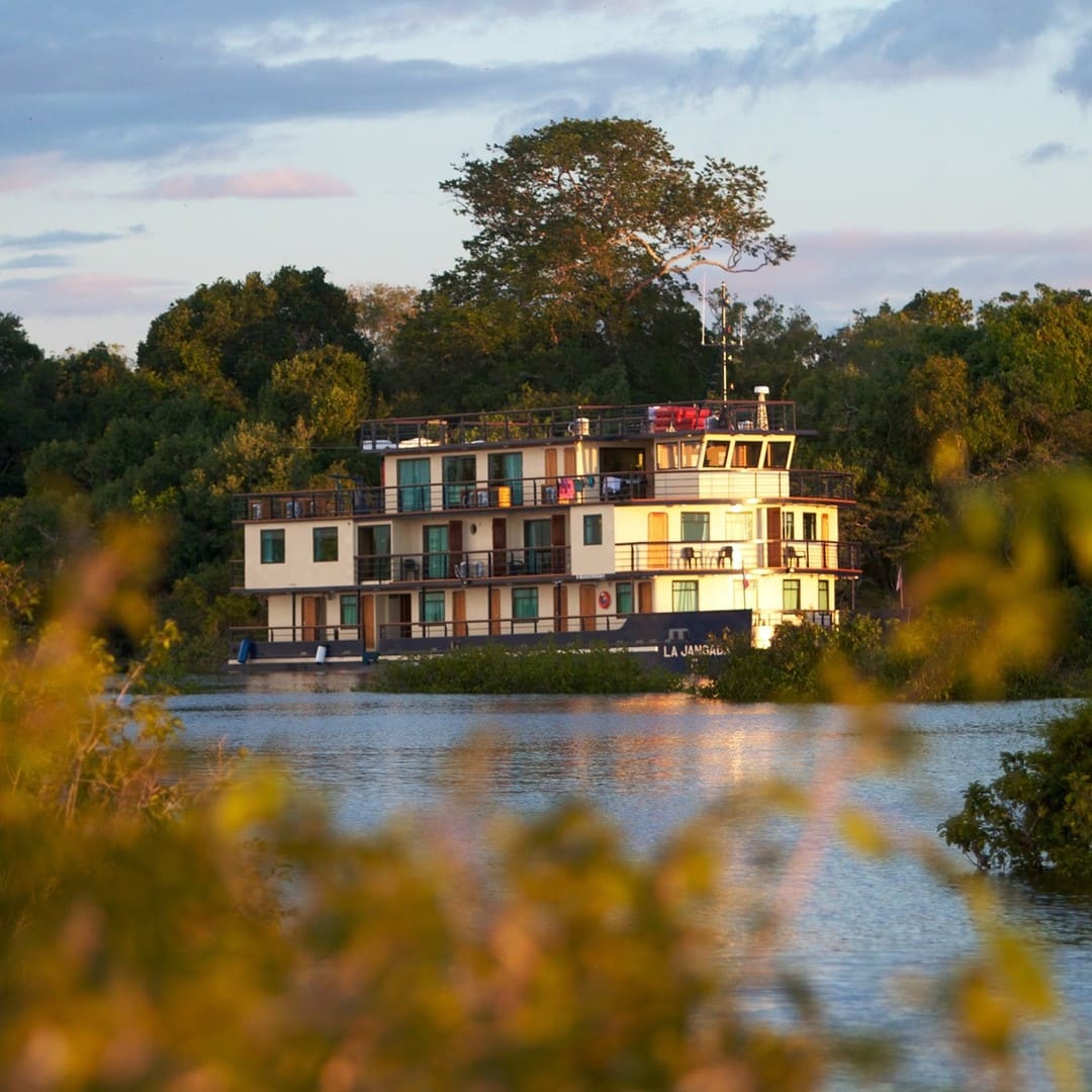 The La Jangada chic catamaran sailing on the Amazon river, surrounded by trees, offering a blend of comfort and adventure. The La Jangada chic catamaran sailing on the Amazon river, surrounded by trees, offering a blend of comfort and adventure.