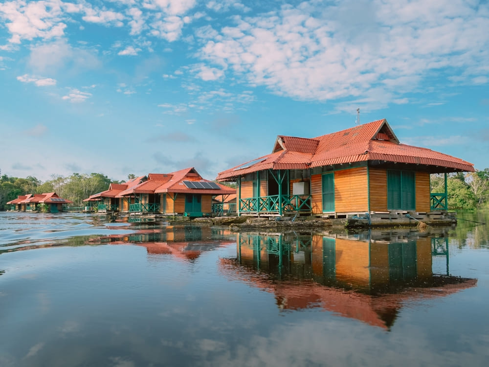 The floating bungalows of Uakari Lodge sitting on the dark river waters, a unique destination for ecotourism in Brazil.