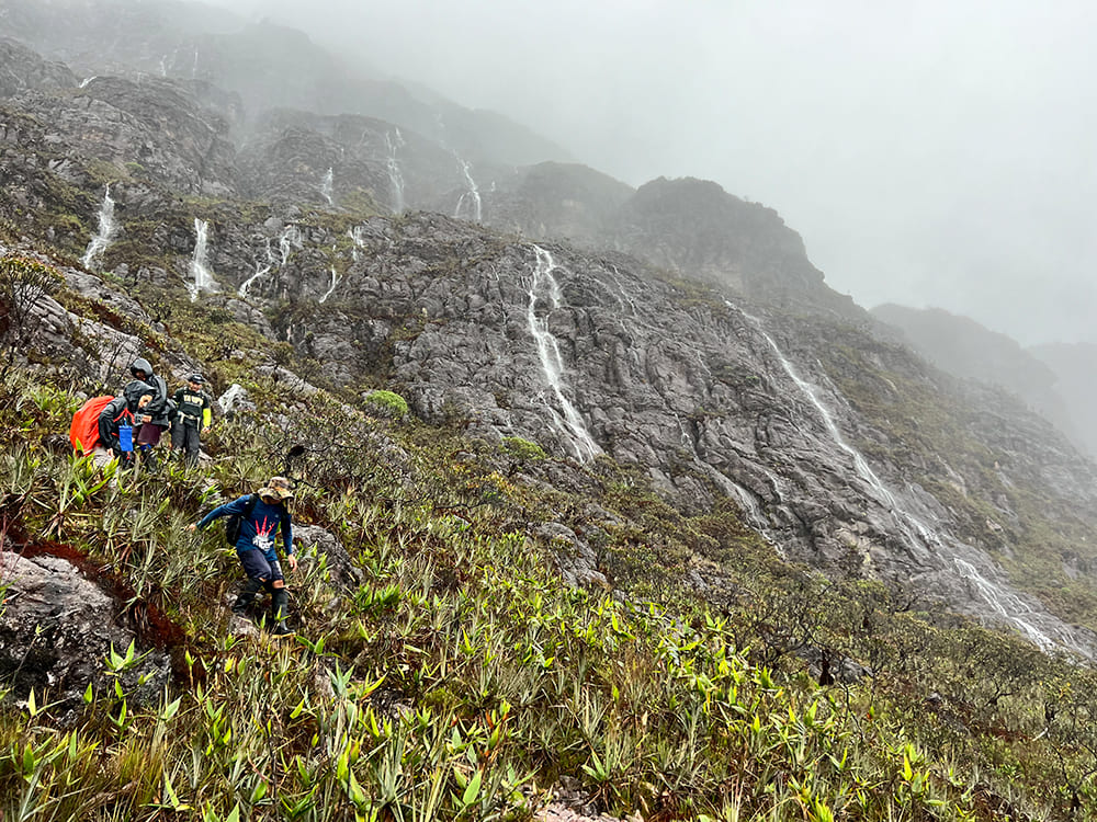 A group of trekkers navigating a steep, rocky, and wet mountain slope with small waterfalls during the expedition. A group of trekkers navigating a steep, rocky, and wet mountain slope with small waterfalls during the expedition.