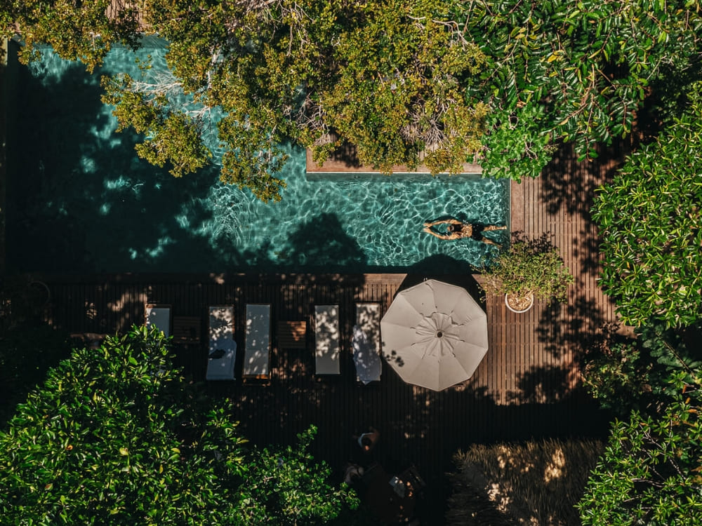 Aerial view of an Amazon jungle lodge featuring a swimming pool and wooden deck surrounded by dense trees. Aerial view of an Amazon jungle lodge featuring a swimming pool and wooden deck surrounded by dense trees.