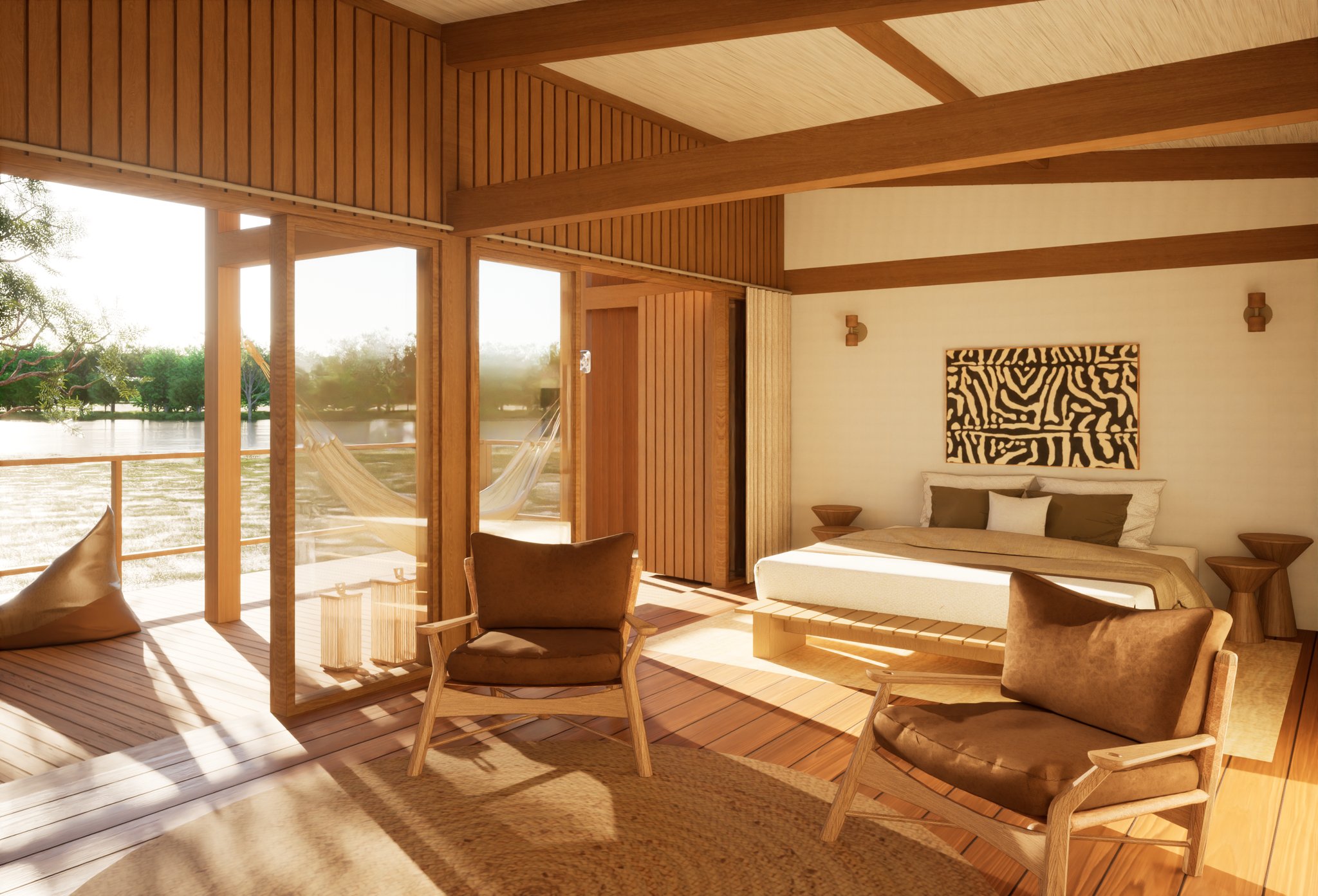 Sun-drenched suite interior at a pantanal luxury safari lodge, featuring warm timber walls, floor-to-ceiling glass doors opening onto a hammock deck over the water, a king bed with earth-tone linens, and abstract wildlife-print artwork