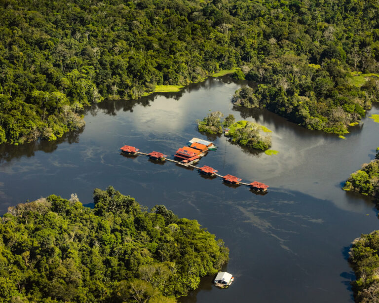Aerial view of Uakari Floating Lodge, its red-roofed cabins lined along a walkway on the lake inside the Mamirauá Reserve Aerial view of Uakari Floating Lodge, its red-roofed cabins lined along a walkway on the lake inside the Mamirauá Reserve