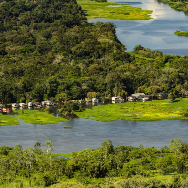 Vista aérea de una comunidad ribereña entre el bosque inundado y los canales de la Reserva Mamirauá